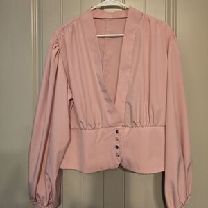 Pink Puff‑Sleeve Waist‑Length Blouse (XS–S) Blush V-Neck, Balloon Long Sleeves